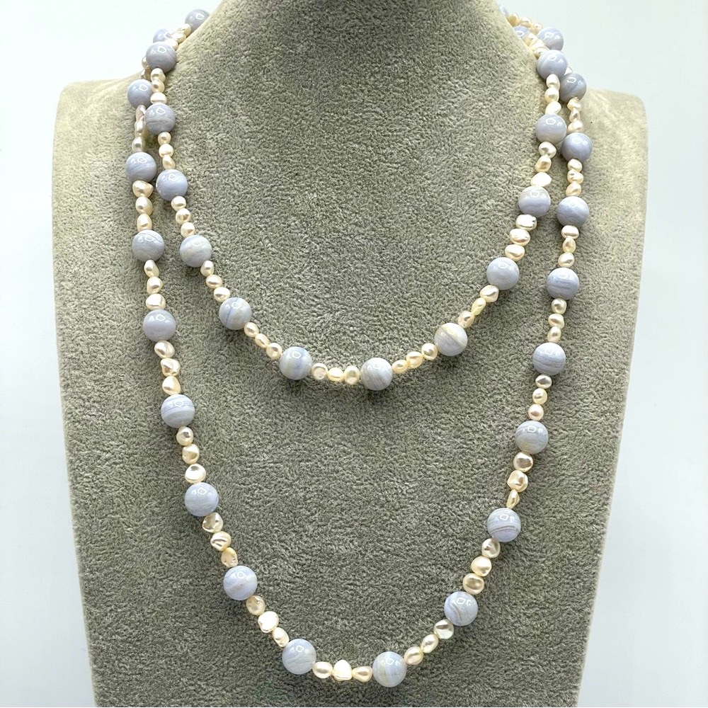 14K Gold Vintage Blue Lace Agate Freshwater Pearl Beaded Statement Necklace Long